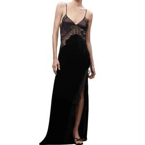 Jen Ceballos x Mango Dress Brown Velvet Black Lace Trim Maxi Long Wedding Guest